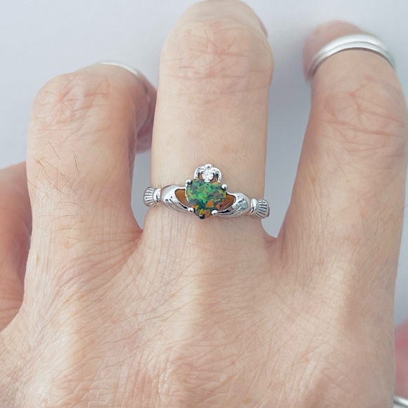 Sterling Silver Black Lab Opal Heart Claddagh Ring, Irish Rings, Crown Hearts - Picture 2 of 14